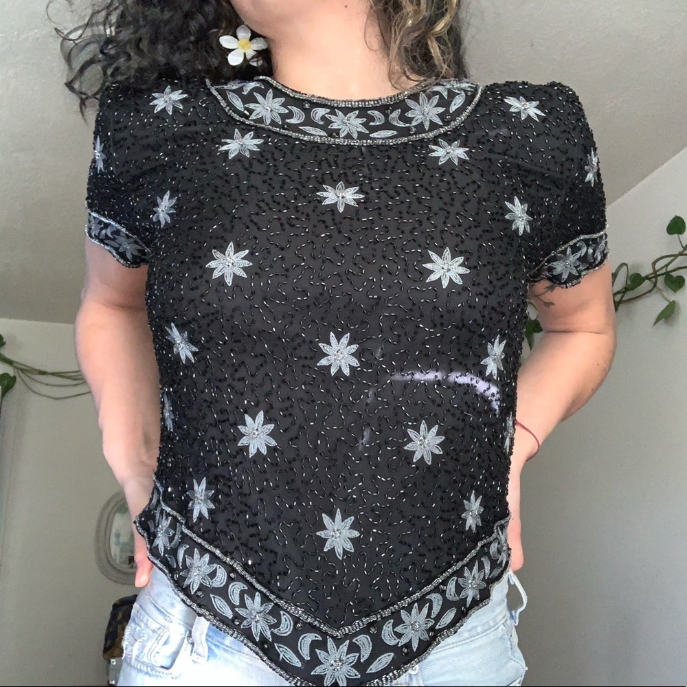 Vintage Beaded Top in black and silver.